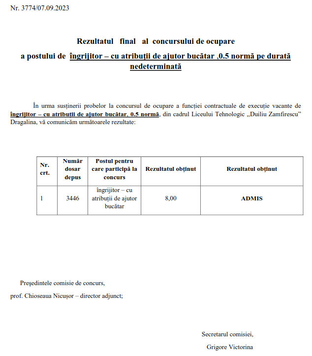 rezultate finale concurs ingrijitor cu atributii de ajutor bucatar